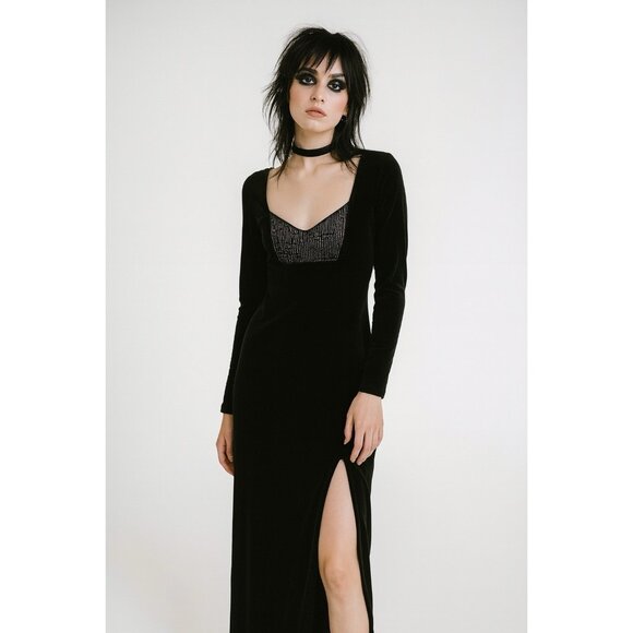 vintage 90s VELVET MIDI DRESS emo goth thigh high slit Y2K retro lbd black M - Picture 1 of 8